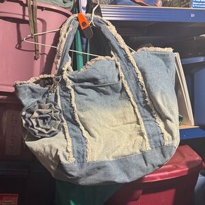 Steve Madden Denim Blue Tote Bag with Flower Charm